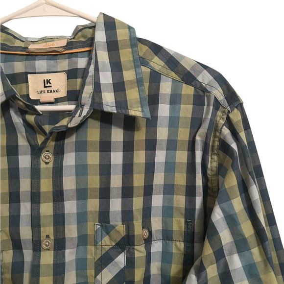 Life Khaki Men's L slim-fit Turquoise Lime Plaid Button Down Shirt - Picture 2 of 3